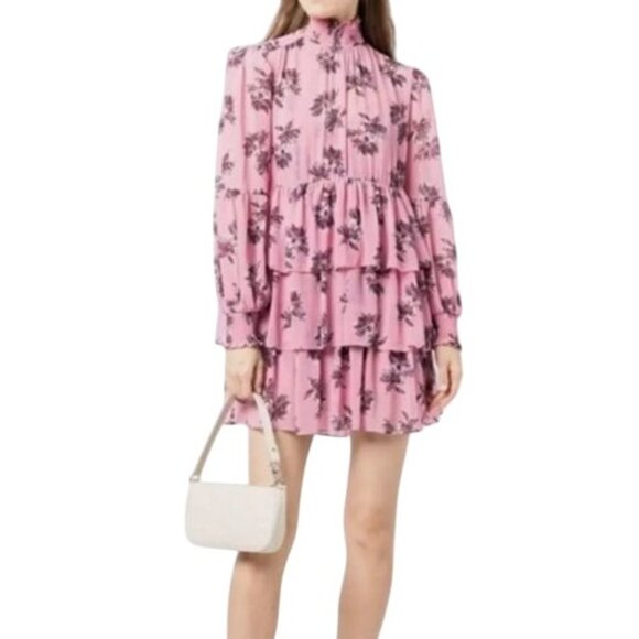 Cinq À Sept Women Sz 6 Tiered Ruffle Pink Floral Dress Billowy Long Sleeves $395 - Picture 2 of 16